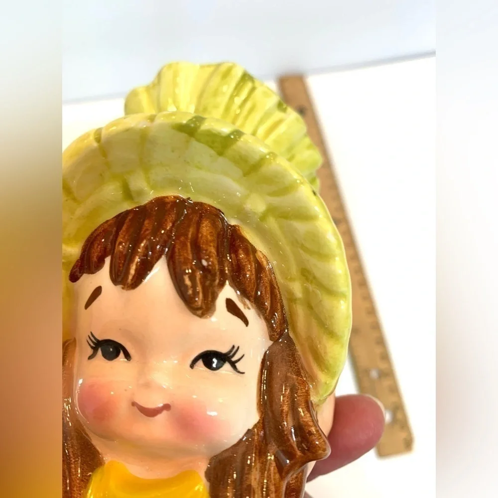 VTG Lefton Girl Head Vase Yellow Polka Dot 1960’s *Chipped * Read! MCM Style